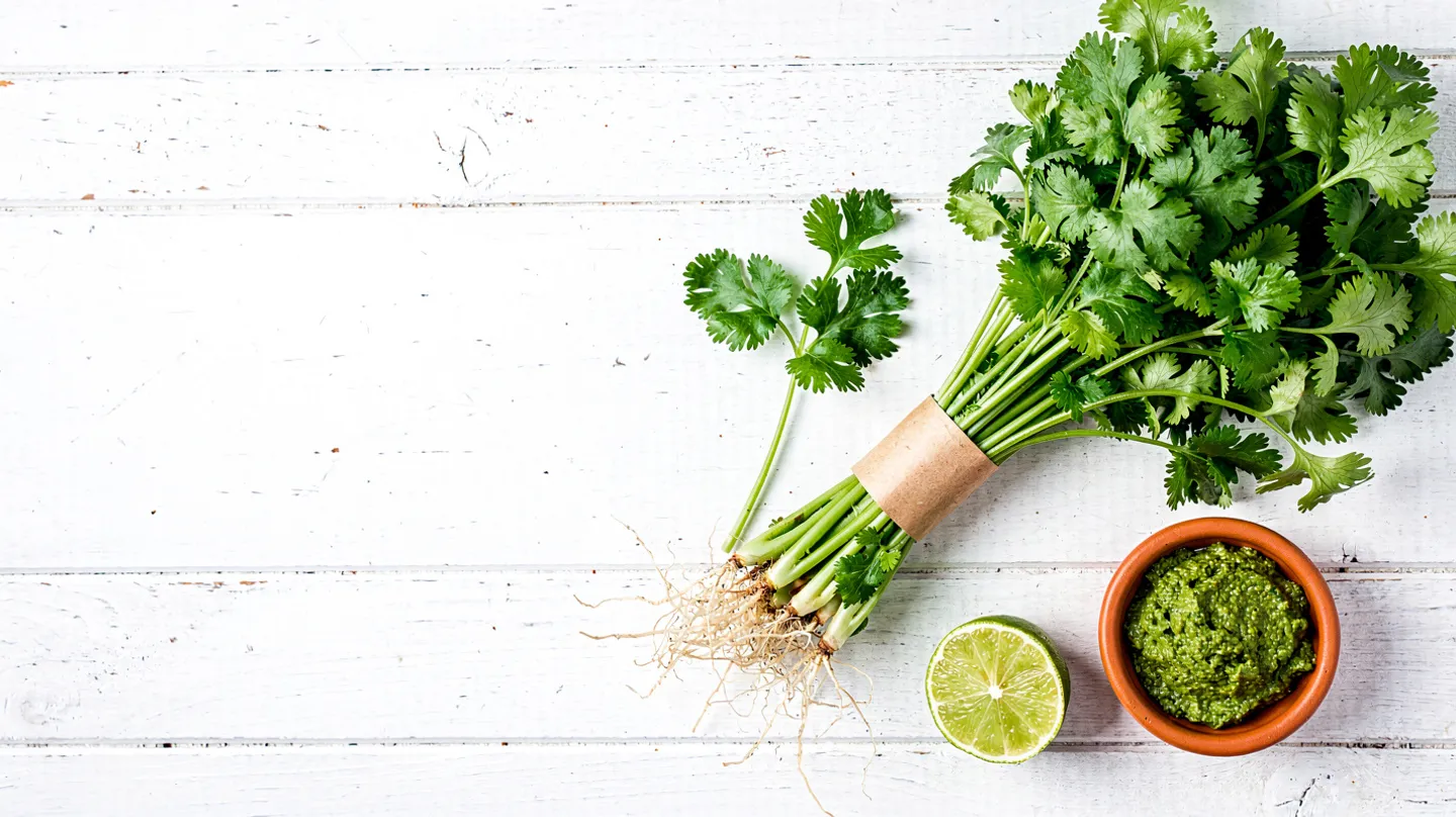 Coriander bunch, packed by Harvest Lane Herbs, on white timber