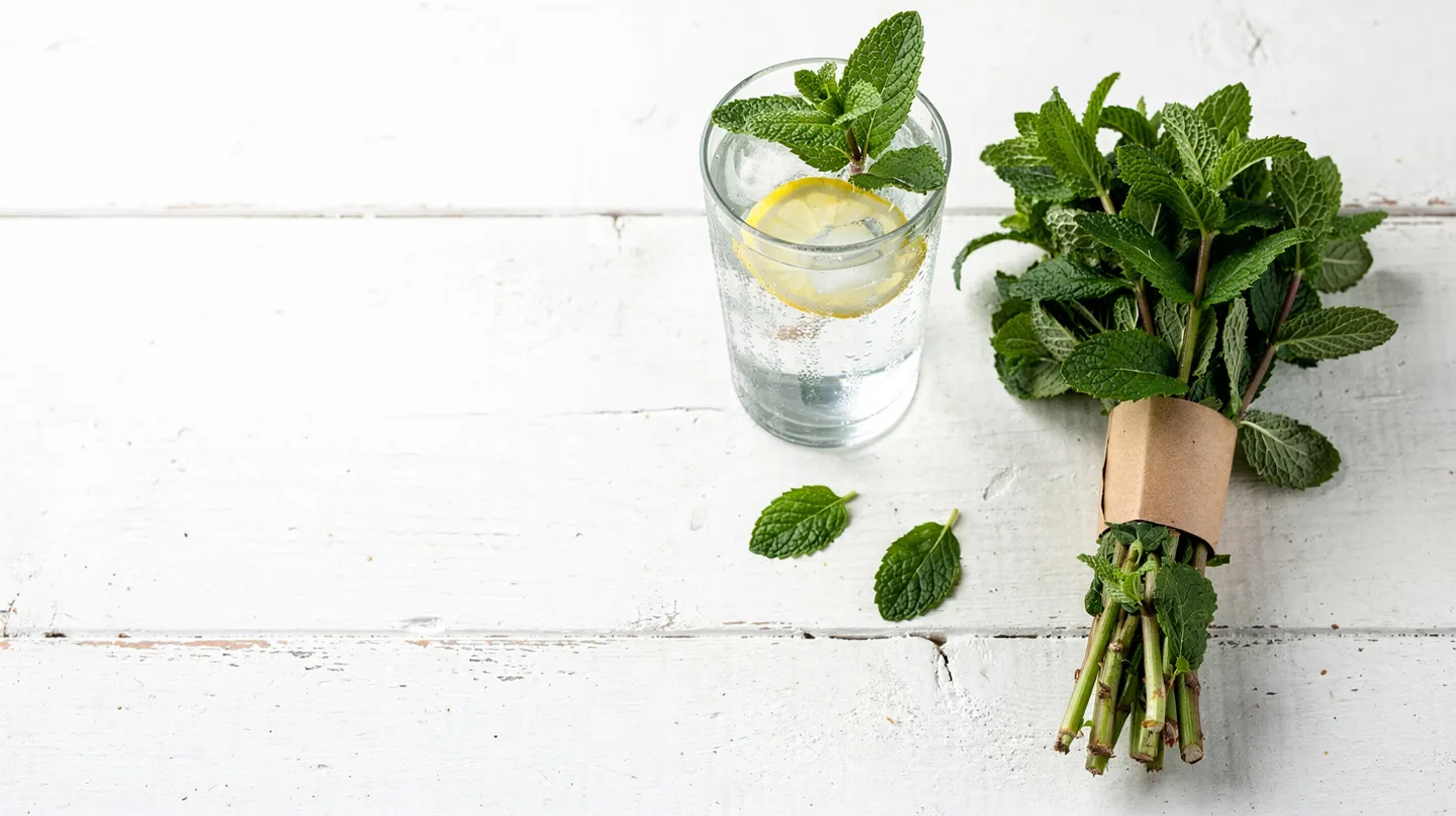 Mint bunch, packed by Harvest Lane Herbs, on white timber