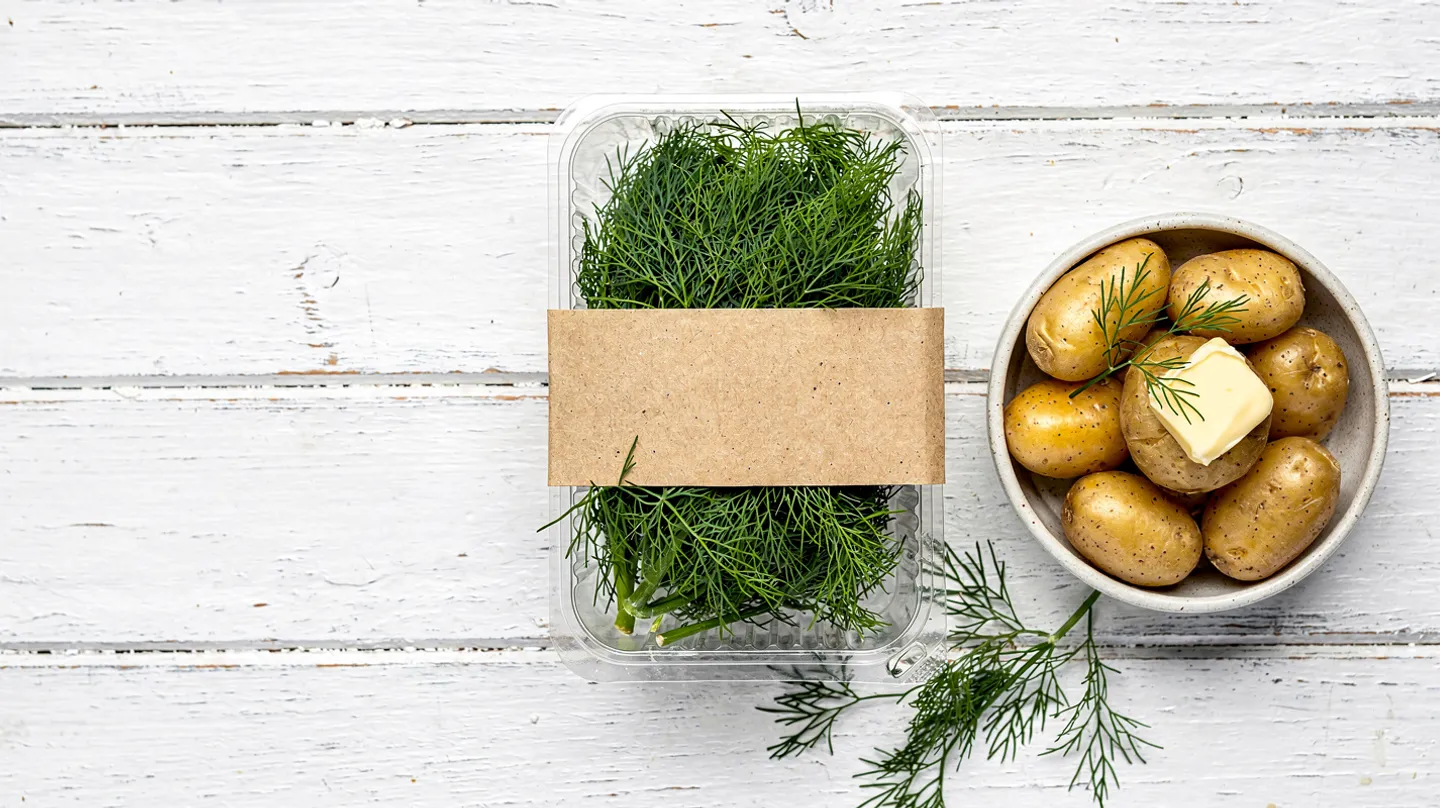 Dill 20g punnet, packed by Harvest Lane Herbs, on white timber