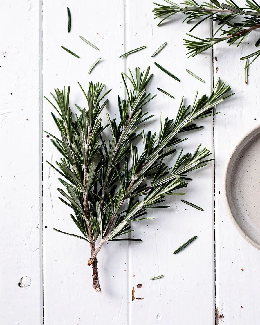 Loose rosemary leaves, close up