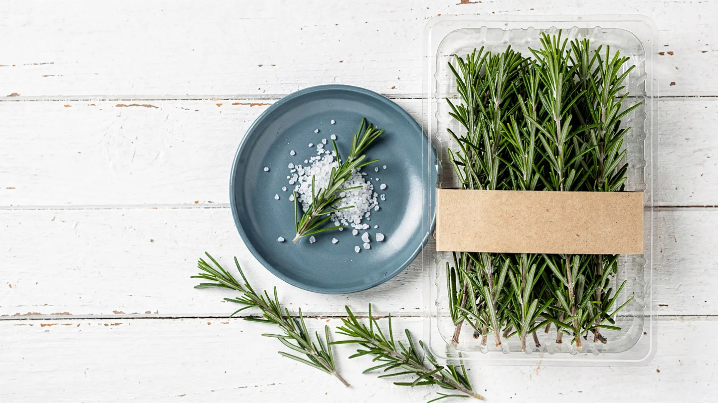 Rosemary 15g punnet, packed by Harvest Lane Herbs, on white timber