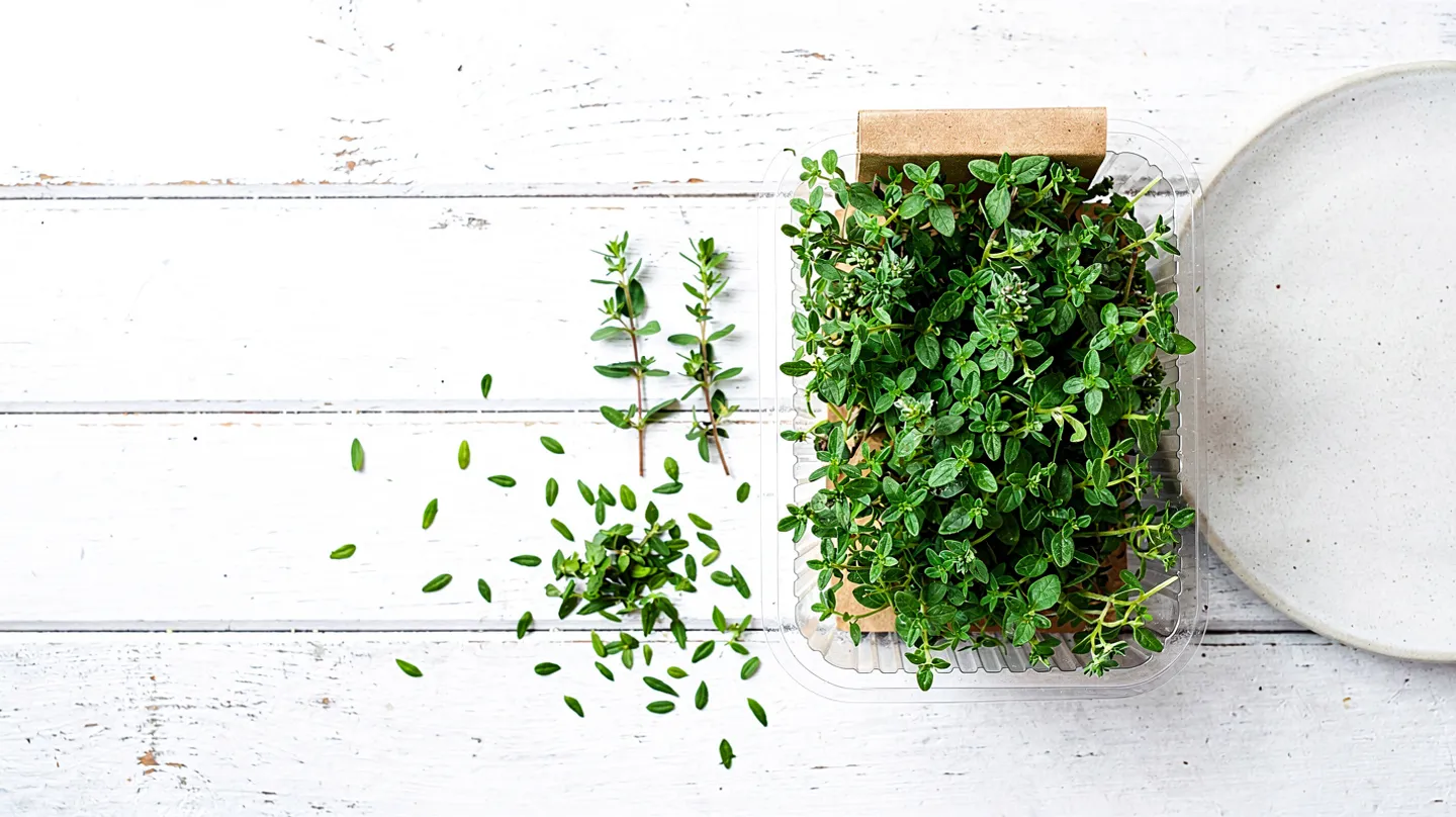 Thyme 15g punnet, packed by Harvest Lane Herbs, on white timber