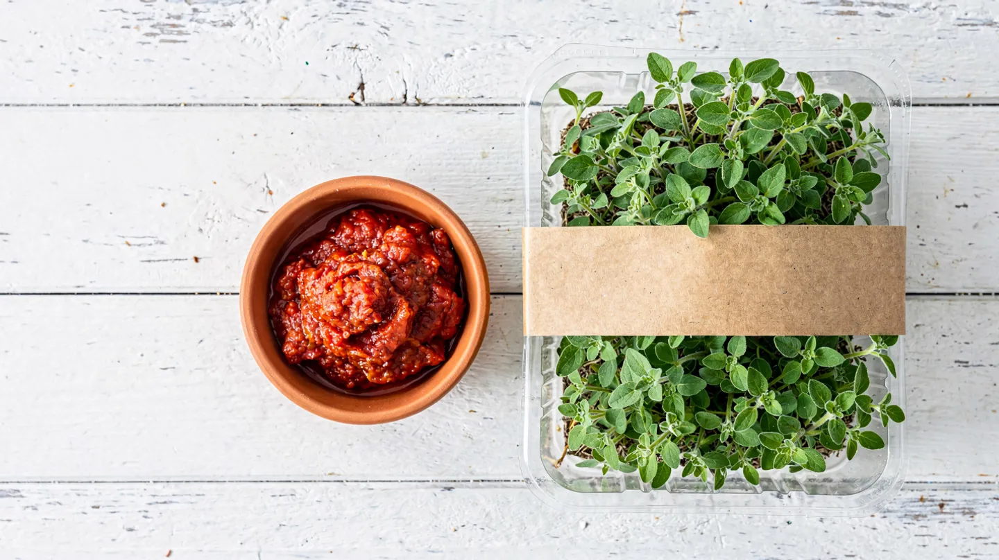 Oregano 15g punnet, packed by Harvest Lane Herbs, on white timber