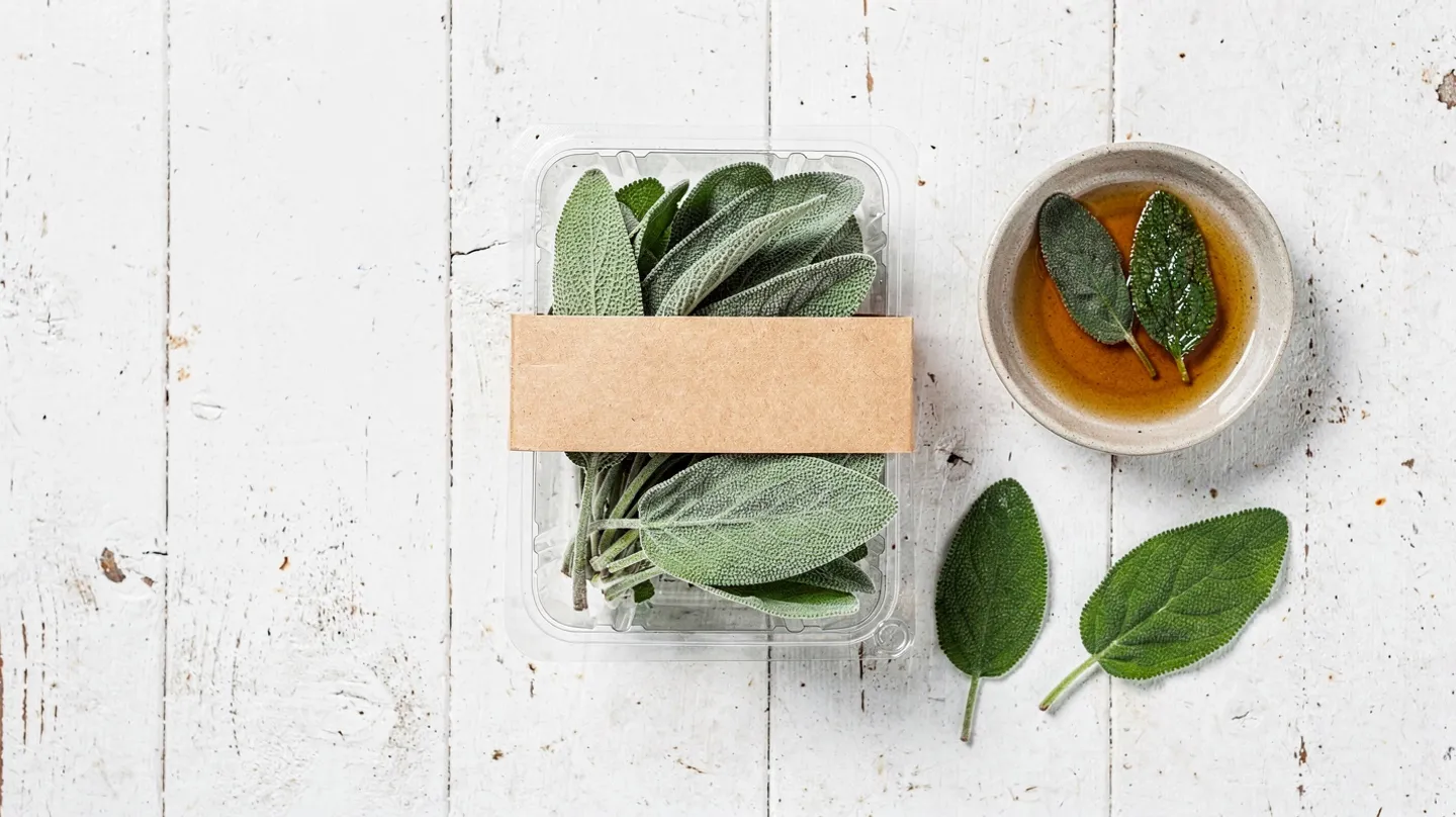 Sage 15g punnet, packed by Harvest Lane Herbs, on white timber